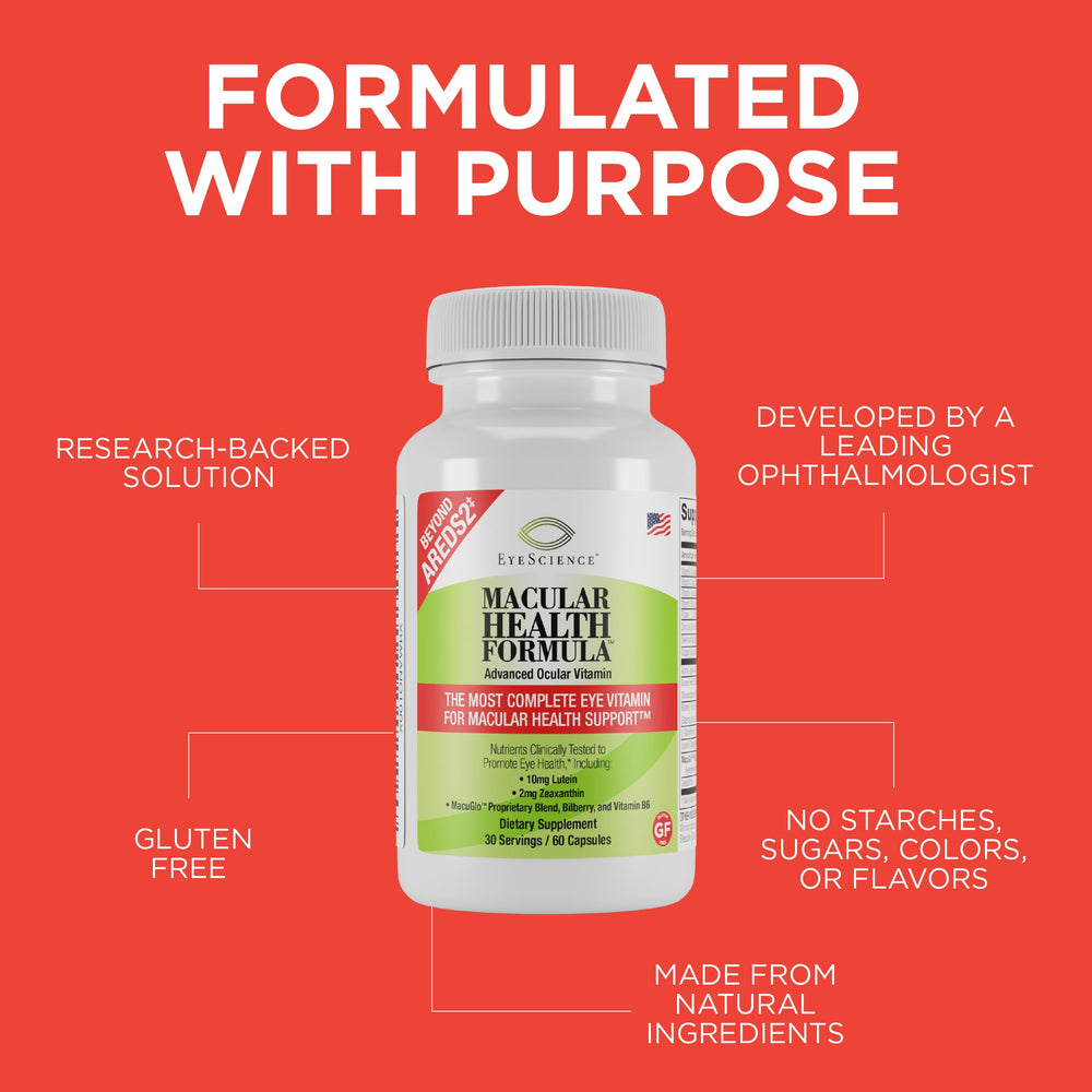 EyeScience Macular Health ingredients label shows 14 nutrients for comprehensive eye nutrition