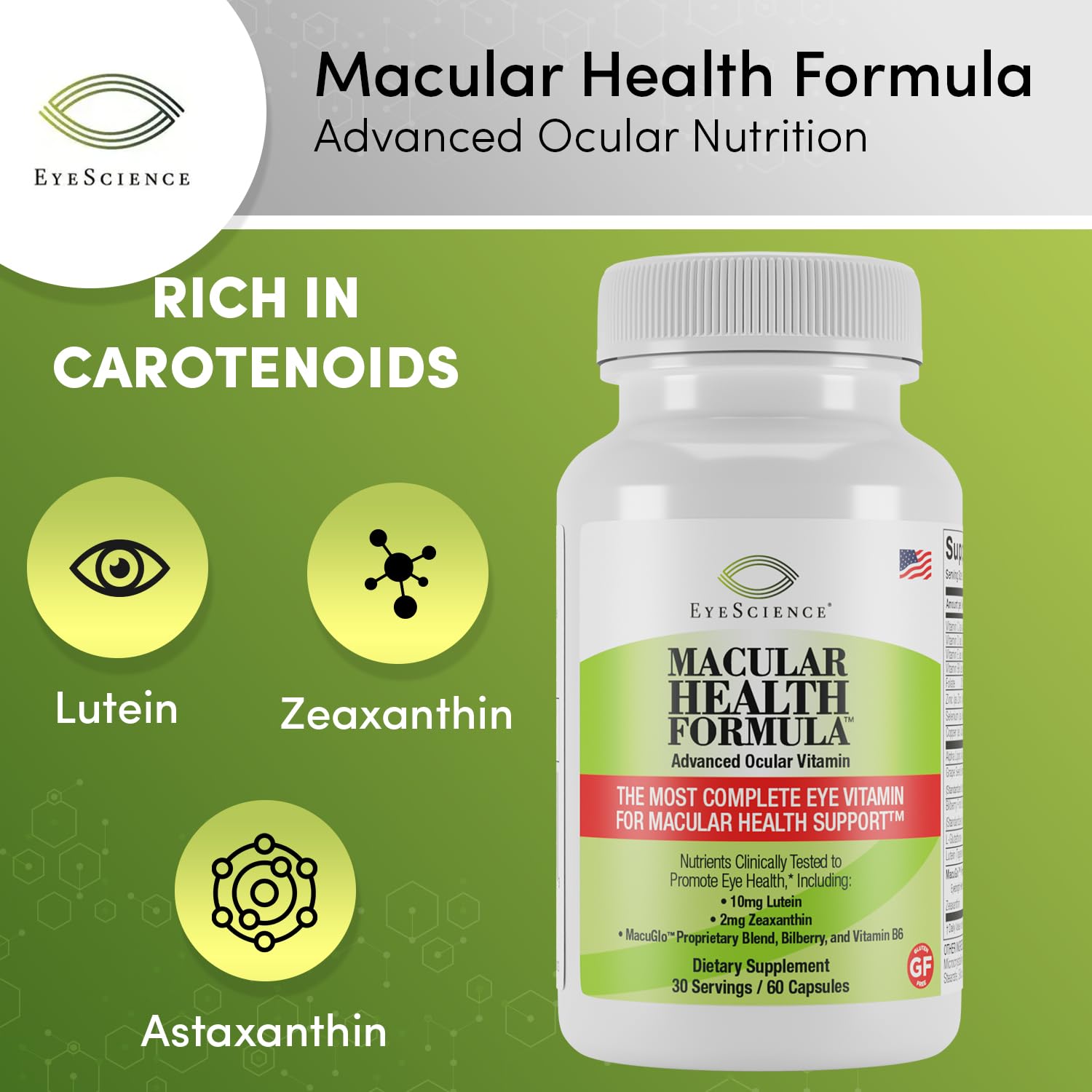 EyeScience Macular Health omega-3 softgels close-up highlighting supporting nutrients