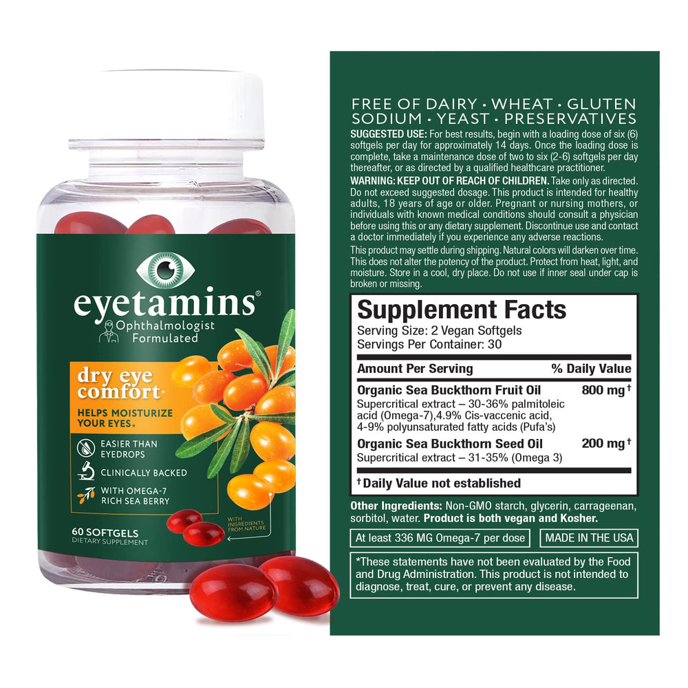 Eyetamins Dry Eye Himalayan Sea Buckthorn oil bottle highlighting antioxidant-rich formula.