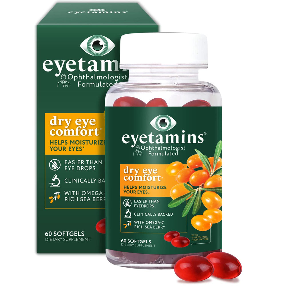 Eyetamins Dry Eye Softgels bottle for daily eye hydration.