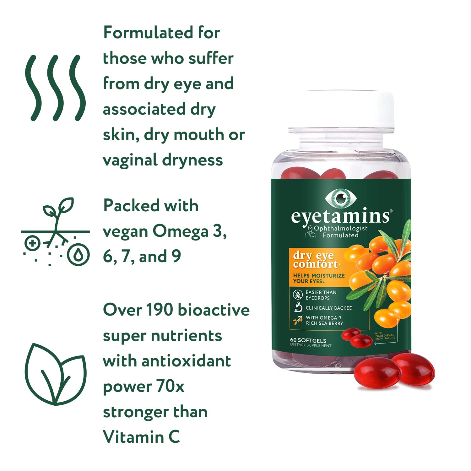 Eyetamins Dry Eye Vegan nutrition facts panel emphasizing allergen-free quality.