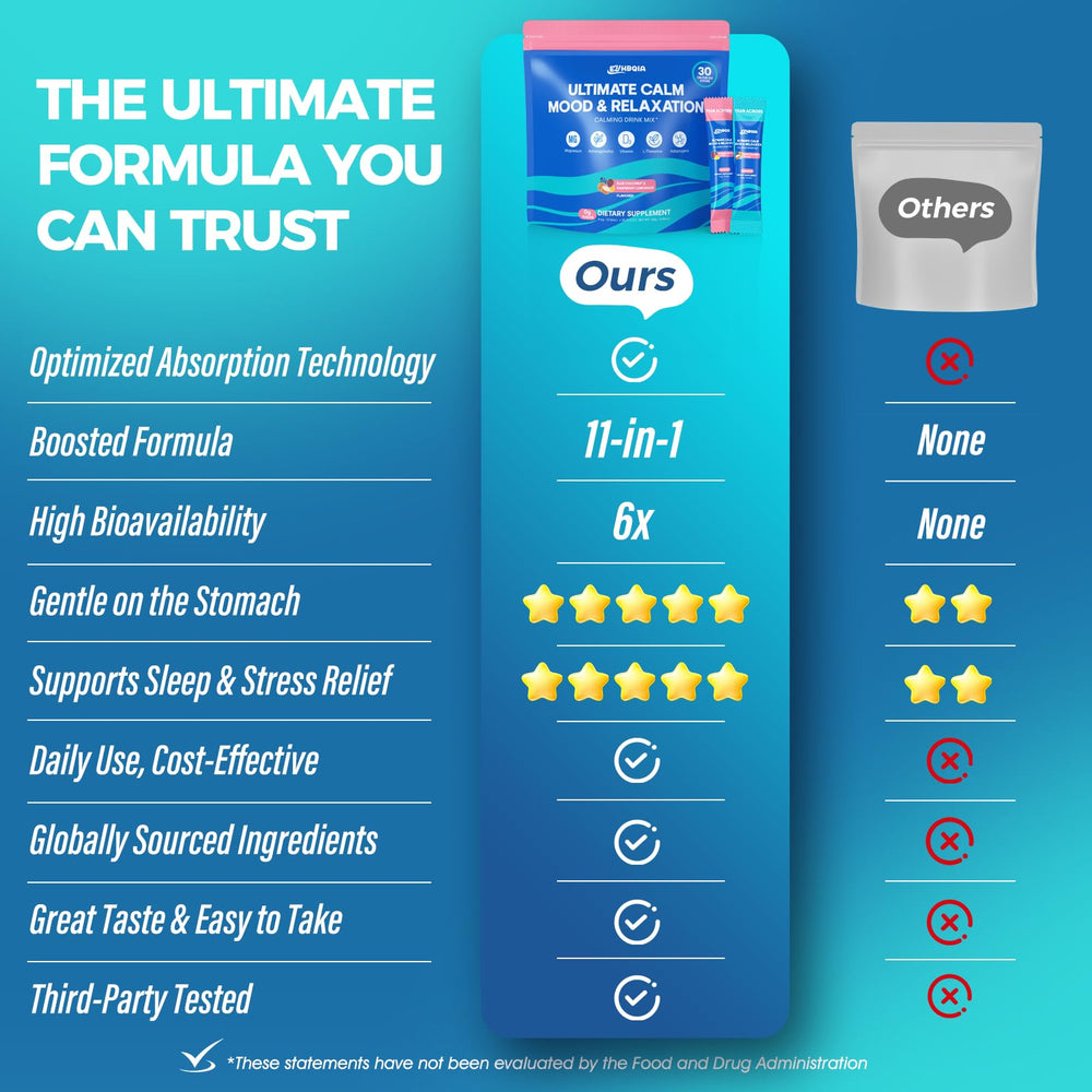 EYHBQIA Ultimate Calm Drink Mix label emphasizes vegan, gluten-free, and sugar-free integrity.