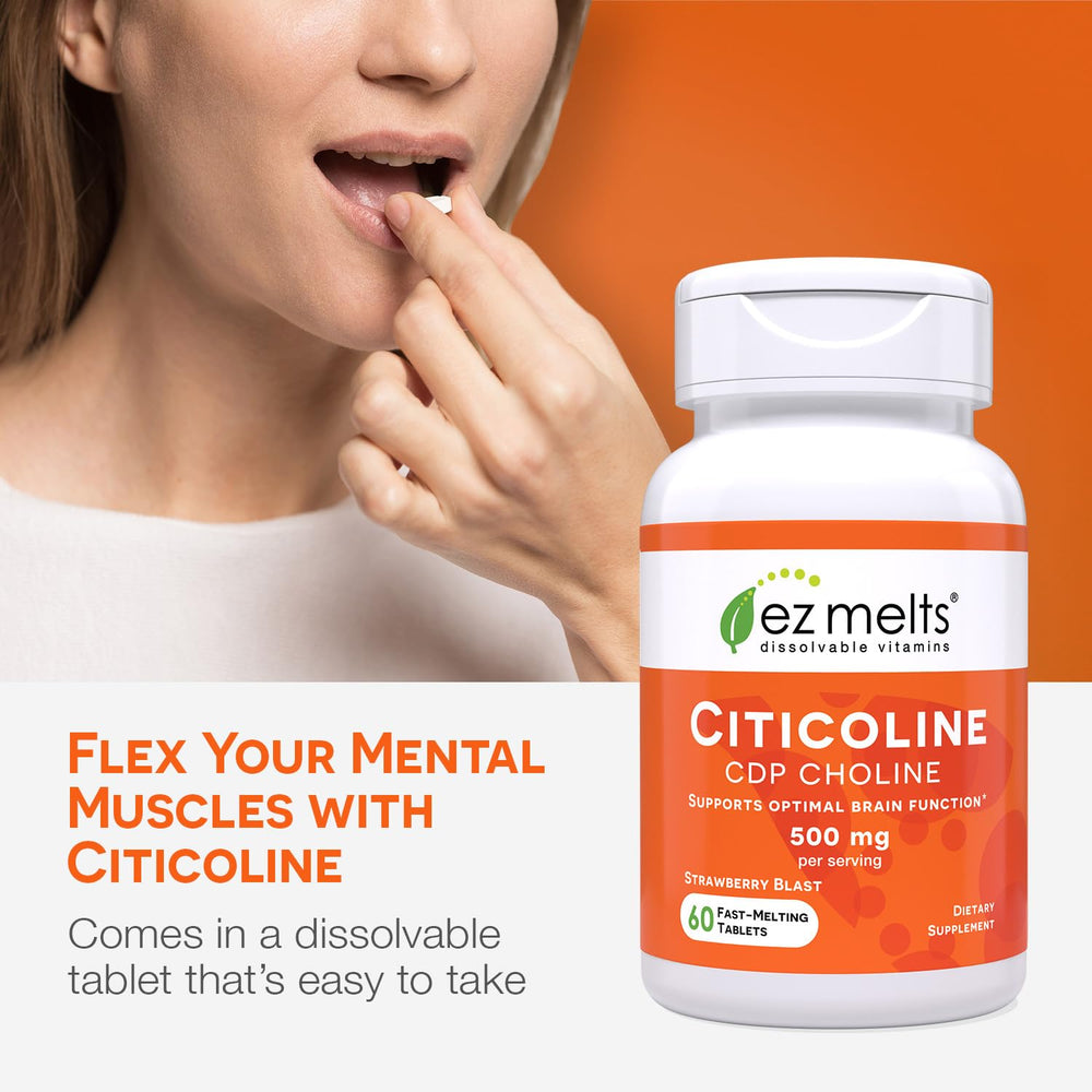 EZ Melts 250 mg tablet close-up, sugar-free formula for daily mental clarity.