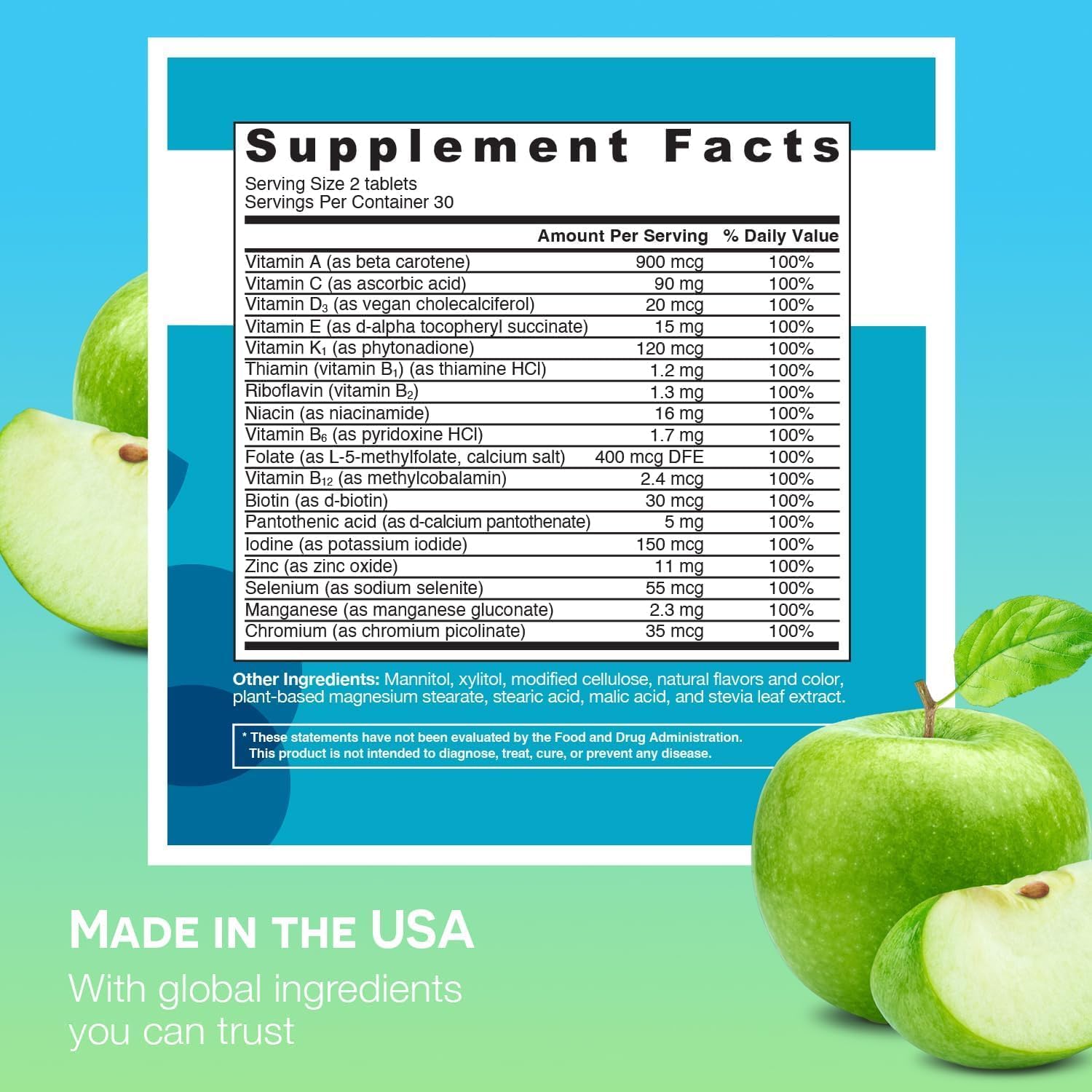 EZ Melts apple-flavored dissolvable tablet close-up showing fast-melt sweetness for daily use.