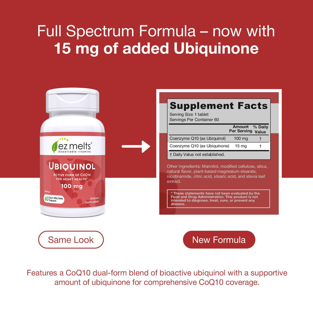 EZ Melts apple-flavored ubiquinol tablet with pleasant taste for daily use.