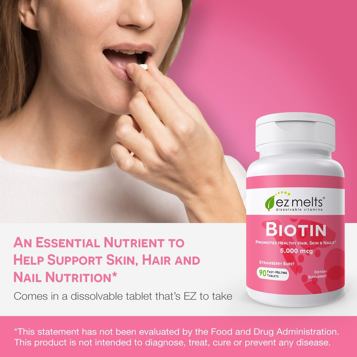 EZ Melts Biotin 5000mcg vegan tablets highlight plant-based ingredients
