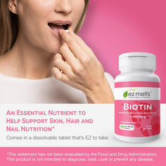 EZ Melts Biotin 5000mcg vegan tablets highlight plant-based ingredients
