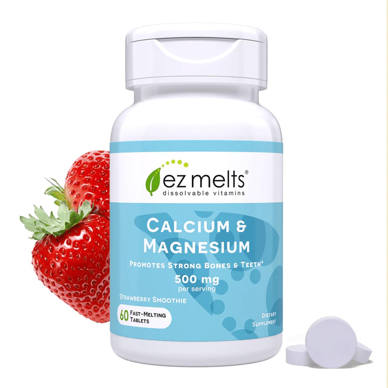 EZ Melts Calcium & Magnesium bottle shows quick-dissolve tablets for daily use.