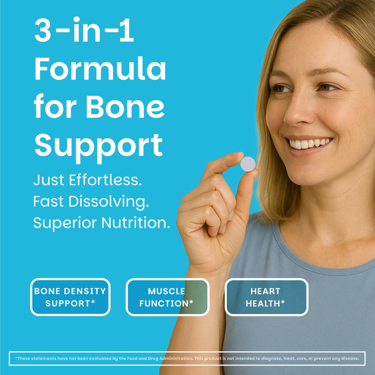 EZ Melts Calcium Magnesium tablets closeup highlights easy, flavorful daily supplement.
