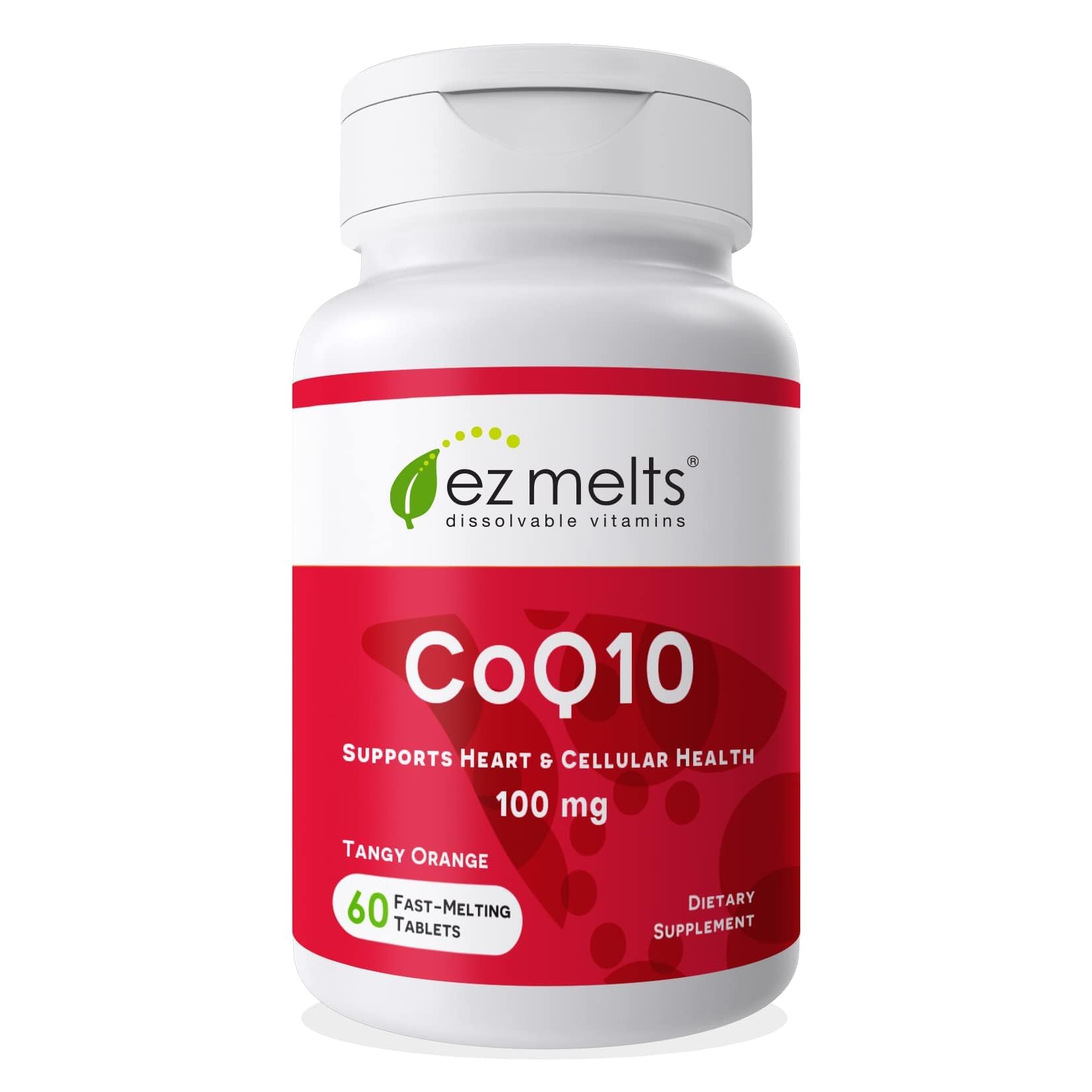 EZ Melts CoQ10 bottle front highlights a daily-support formula for heart-friendly nutrition.