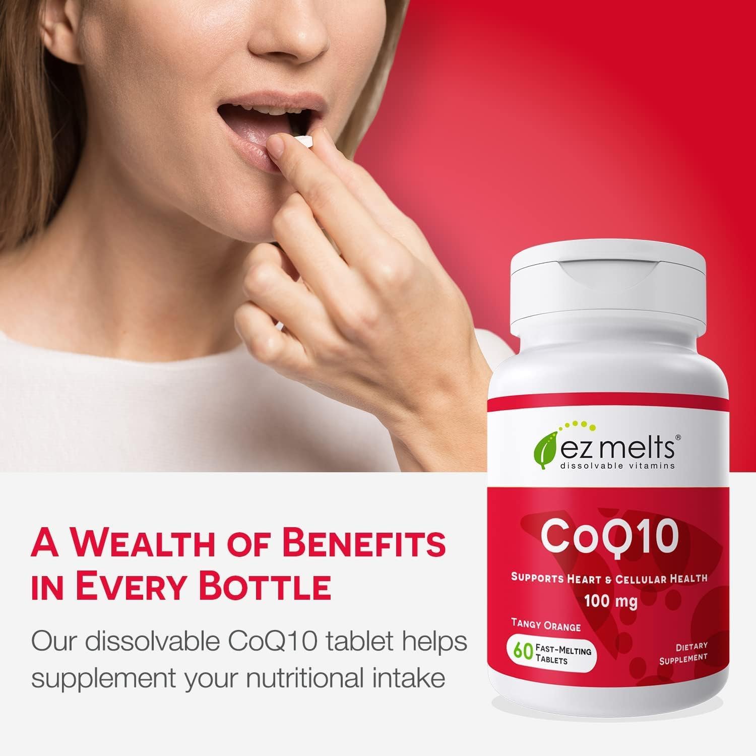 EZ Melts CoQ10 bottle with label suggests convenient daily supplementation routine.