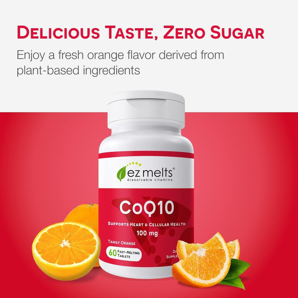 EZ Melts CoQ10 sugar-free badge close-up illustrates weight-conscious nutrition.