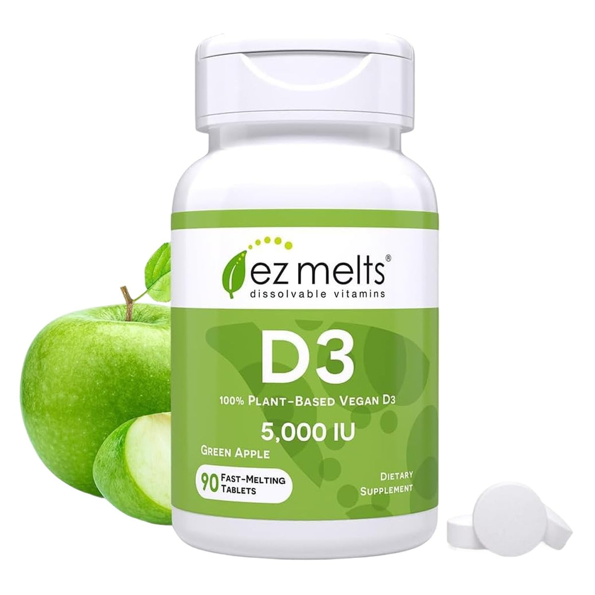 EZ Melts Vitamin D3 green apple bottle front showing 90 dissolvable tablets