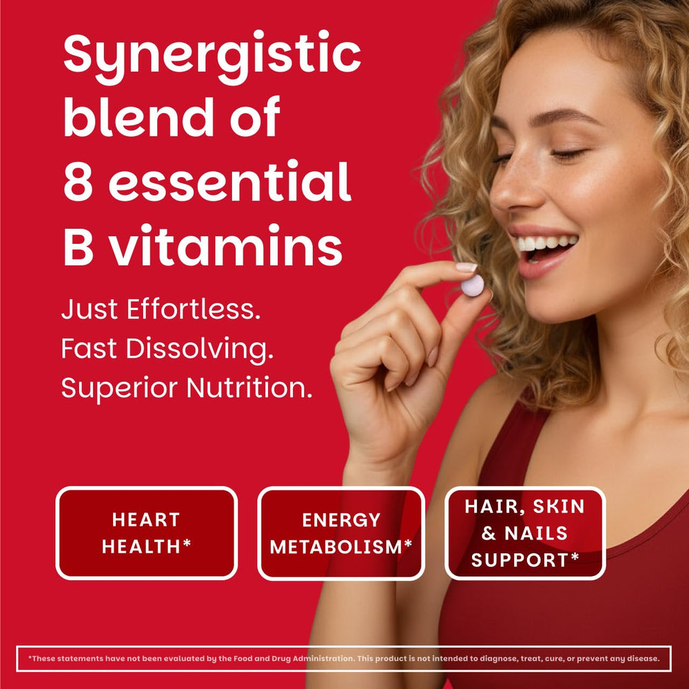 EZ Melts Dissolvable B-Complex tablet dissolving illustrates quick, convenient intake.