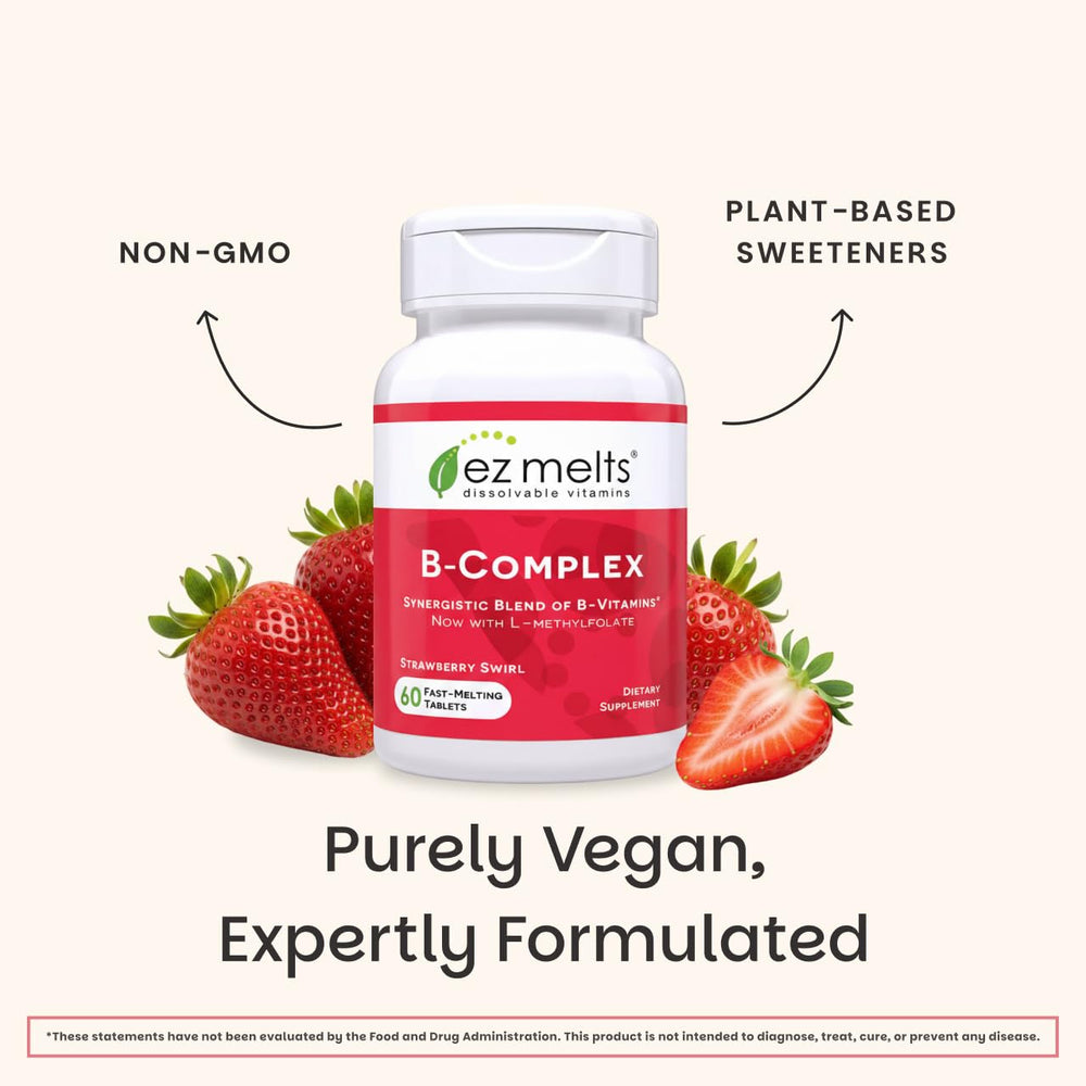 EZ Melts vegan non-GMO seal signals clean daily B vitamin nutrition.