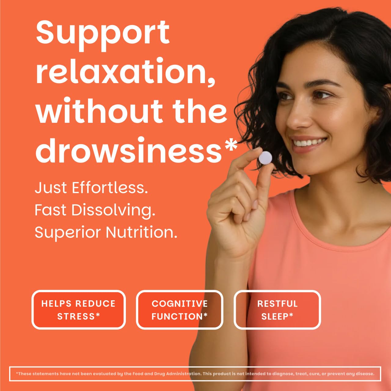 EZ Melts L-Theanine dissolvable tablets melting on the tongue for fast absorption.