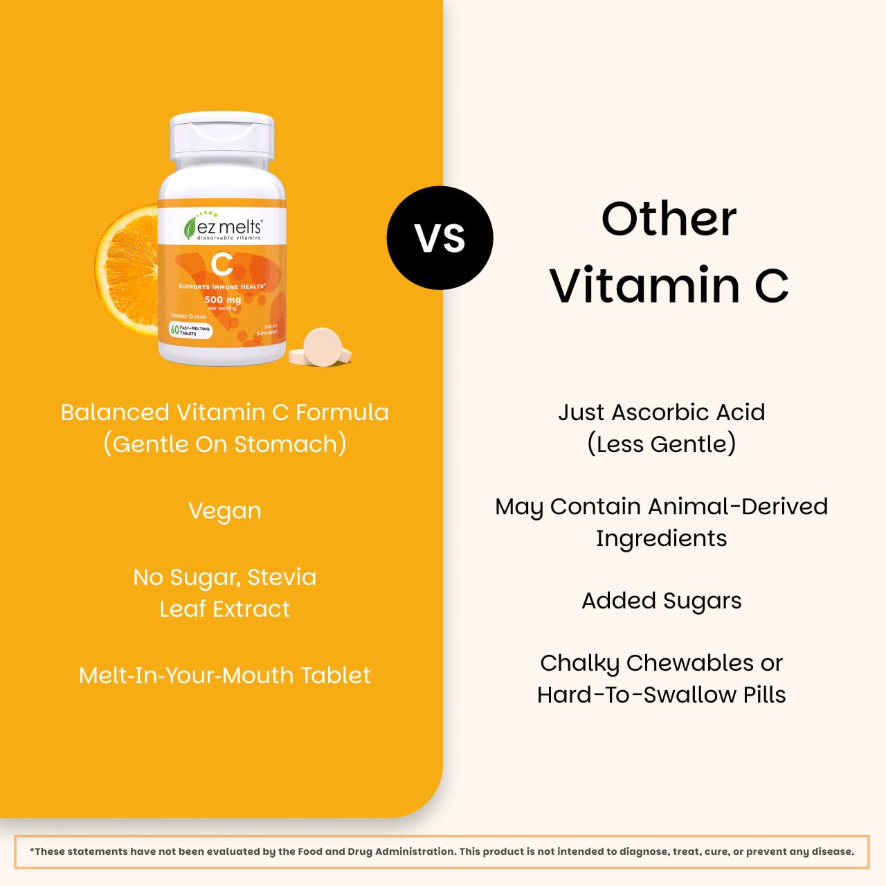 EZ Melts Vitamin C 500 mg sugar-free orange flavor with citrus taste