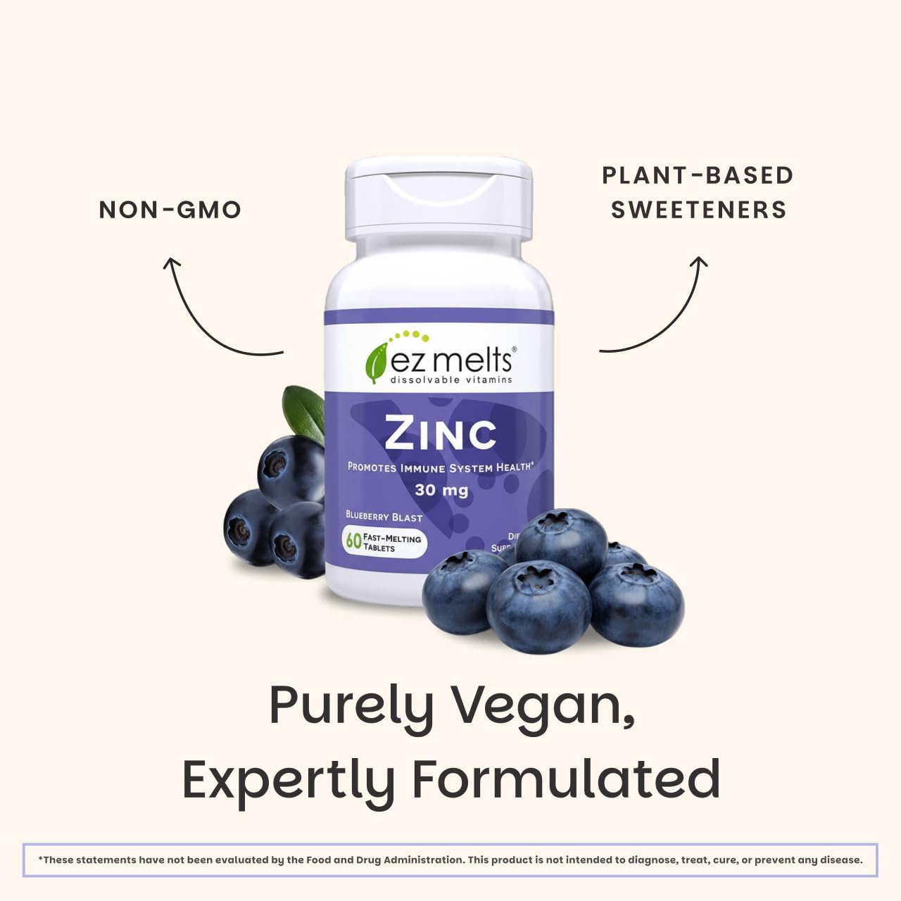 EZ Melts dissolvable zinc on tongue — blueberry flavor for easy daily use.