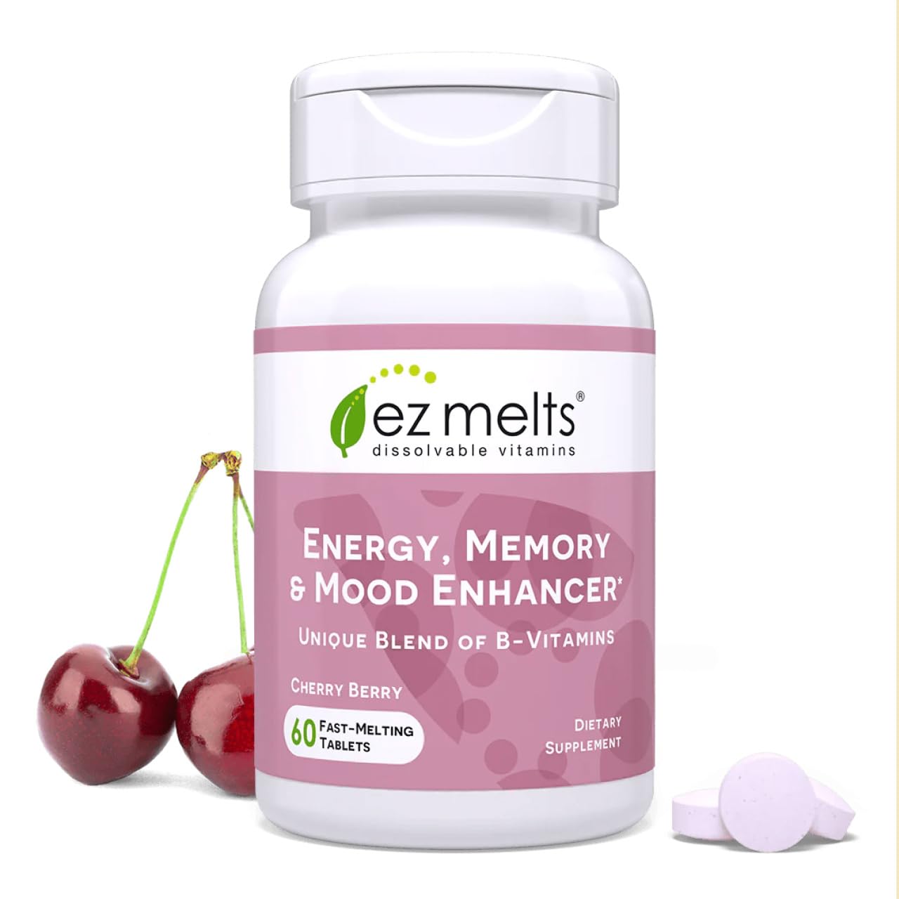 EZ Melts Energy bottle shows convenient quick-dissolve tablets for on-the-go support.