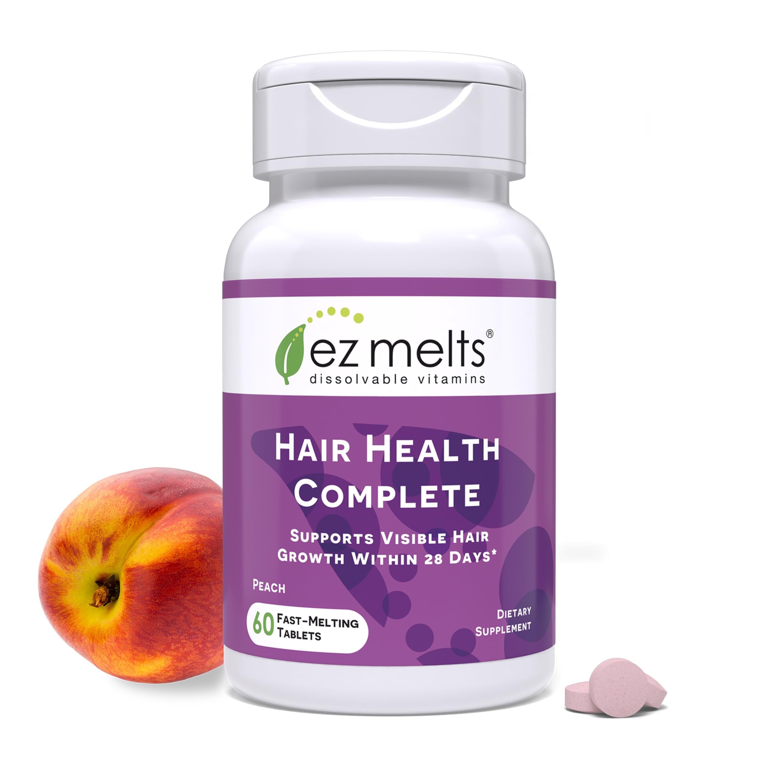 EZ Melts Hair Health Complete front bottle shows tablets ready for daily use