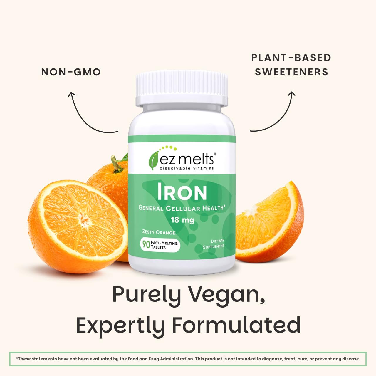 EZ Melts Iron vegan non-GMO icon indicates clean ingredients