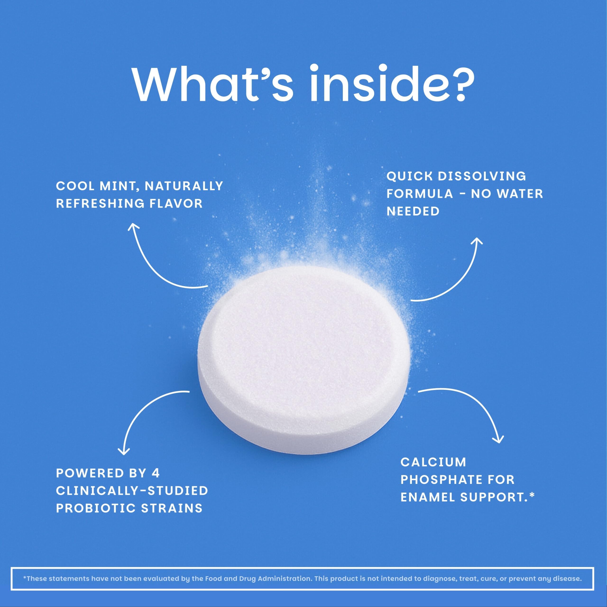 Close-up of the tablets delivering quick fresh breath and oral balance.