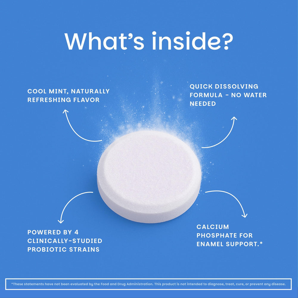 Close-up of the tablets delivering quick fresh breath and oral balance.