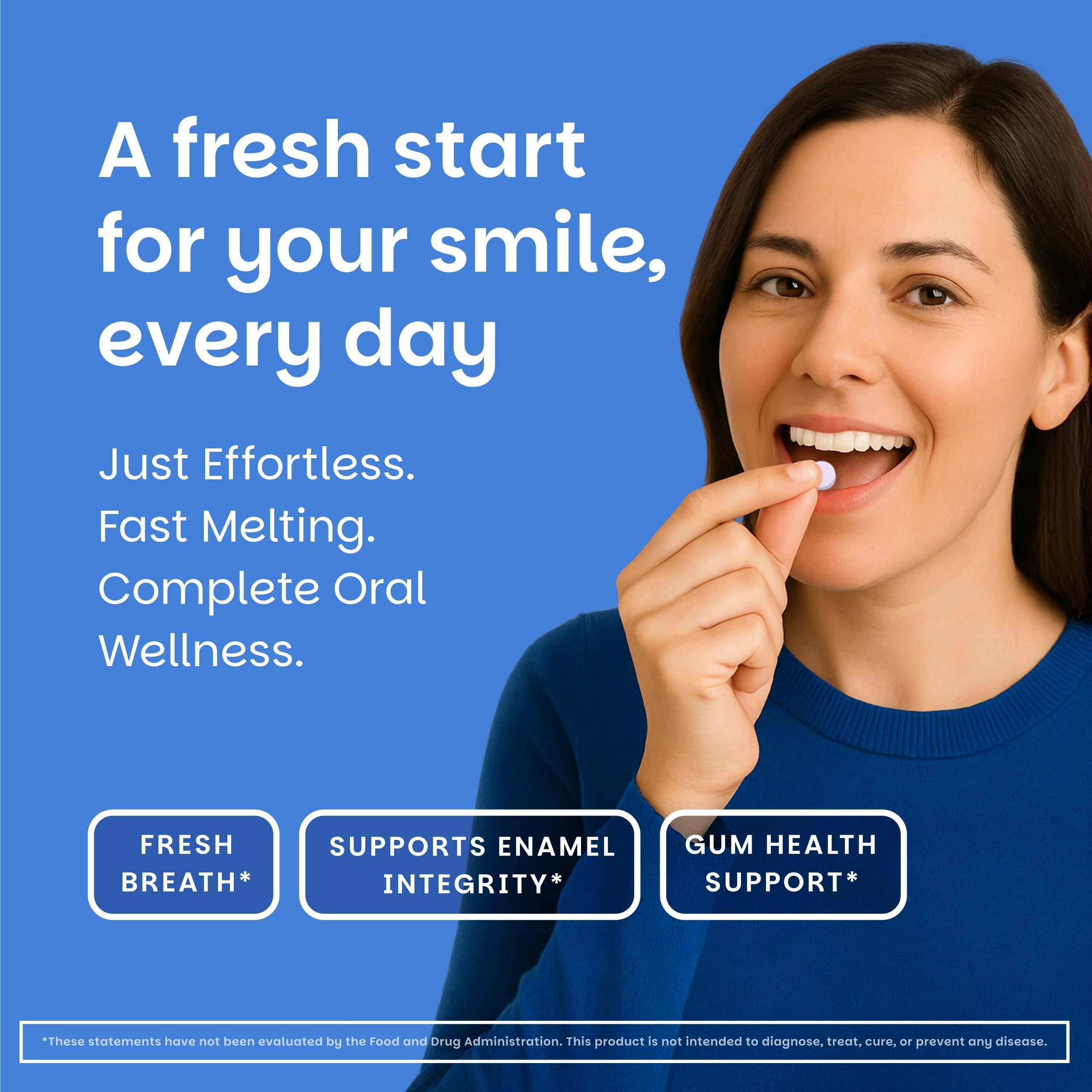 Tablets in mouth dissolving demonstrates fast, easy dose for daily gum care.