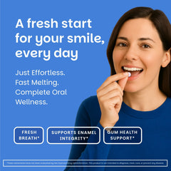 Tablets in mouth dissolving demonstrates fast, easy dose for daily gum care.