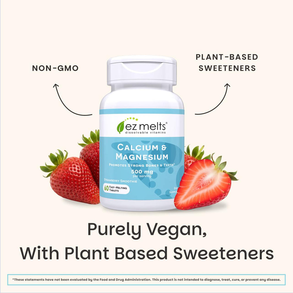 EZ Melts vegan non-GMO badge highlights clean, plant-based calcium and magnesium.
