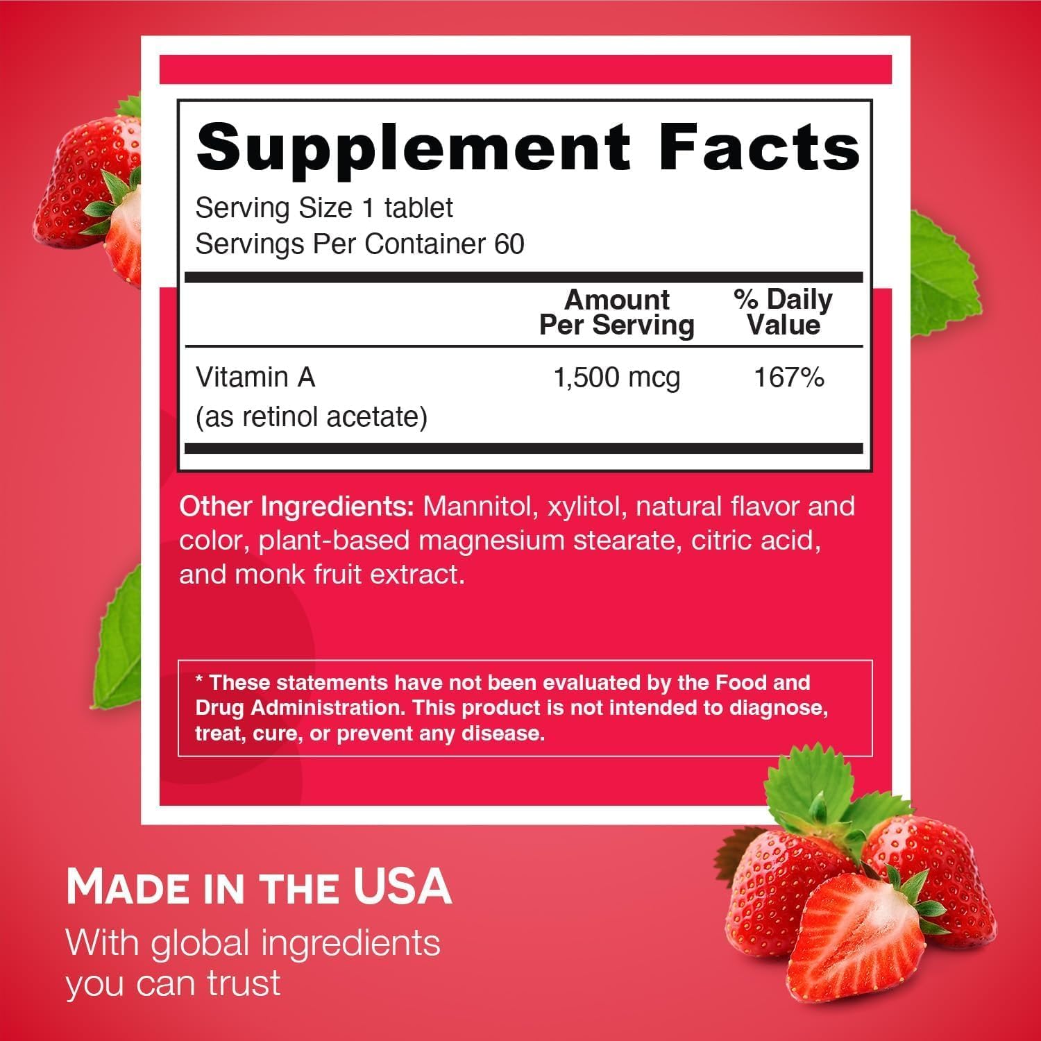 EZ Melts vitamin A strawberry flavor makes dose easy and tasty.