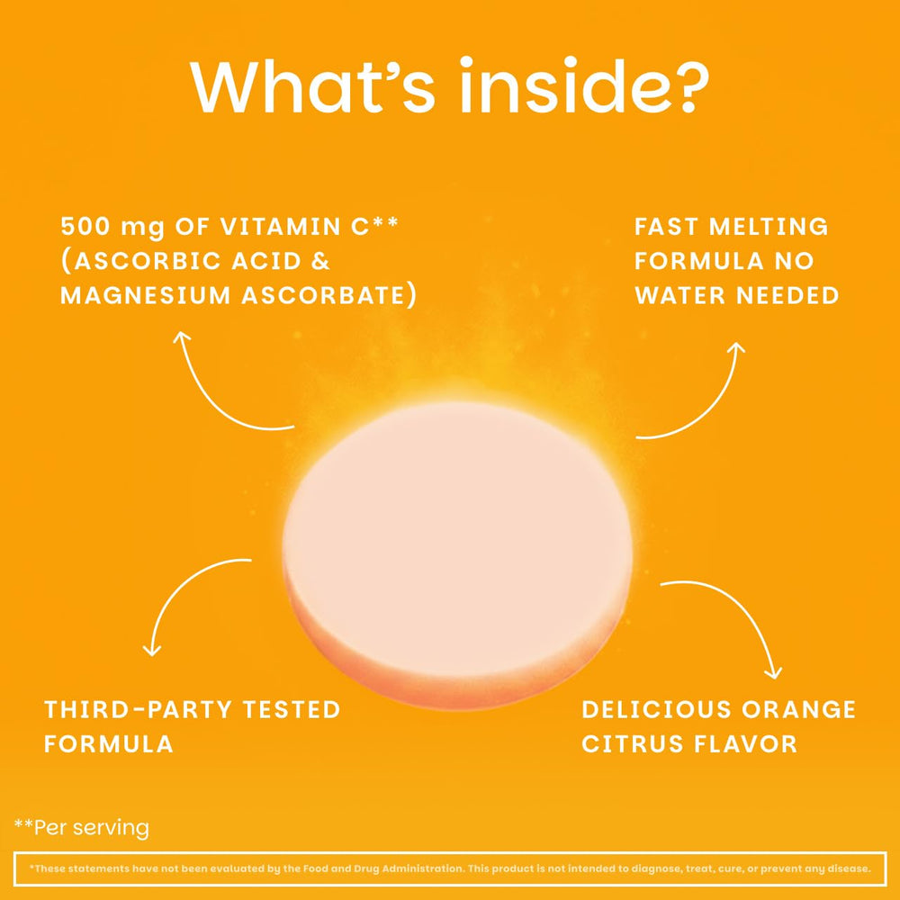 EZ Melts Vitamin C ingredients label highlights non-GMO and vegan formula.