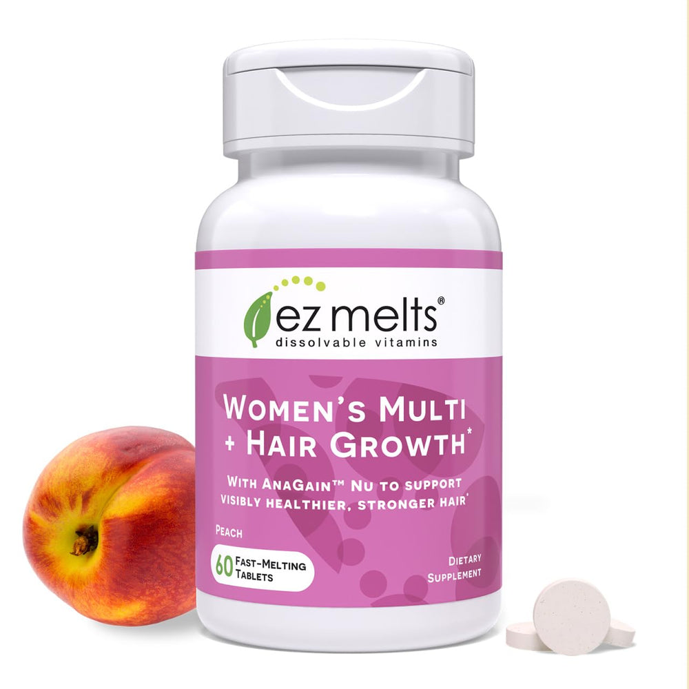 EZ Melts bottle showcasing fast-dissolving woman's multi-hair growth for daily energy