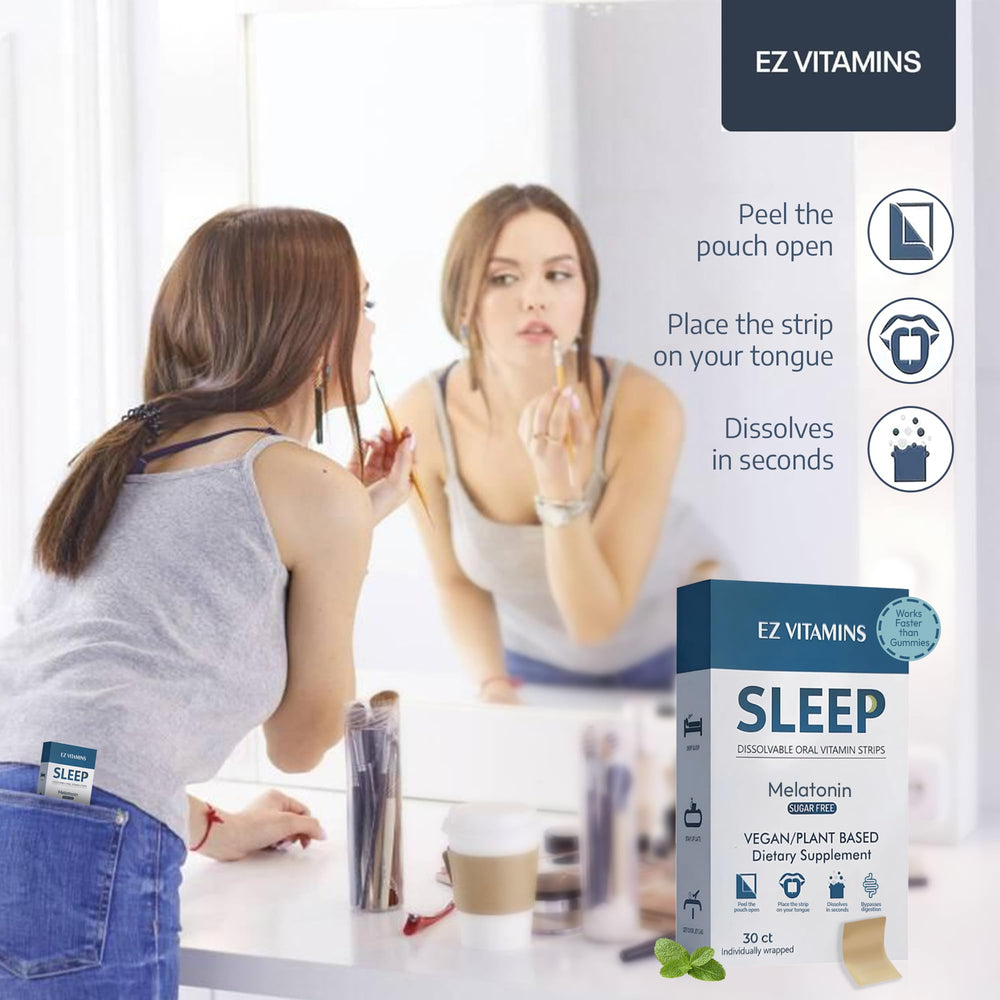 EZ VITAMINS strip ingredient list highlights melatonin, L-Theanine, and Valerian Root for calm evenings.
