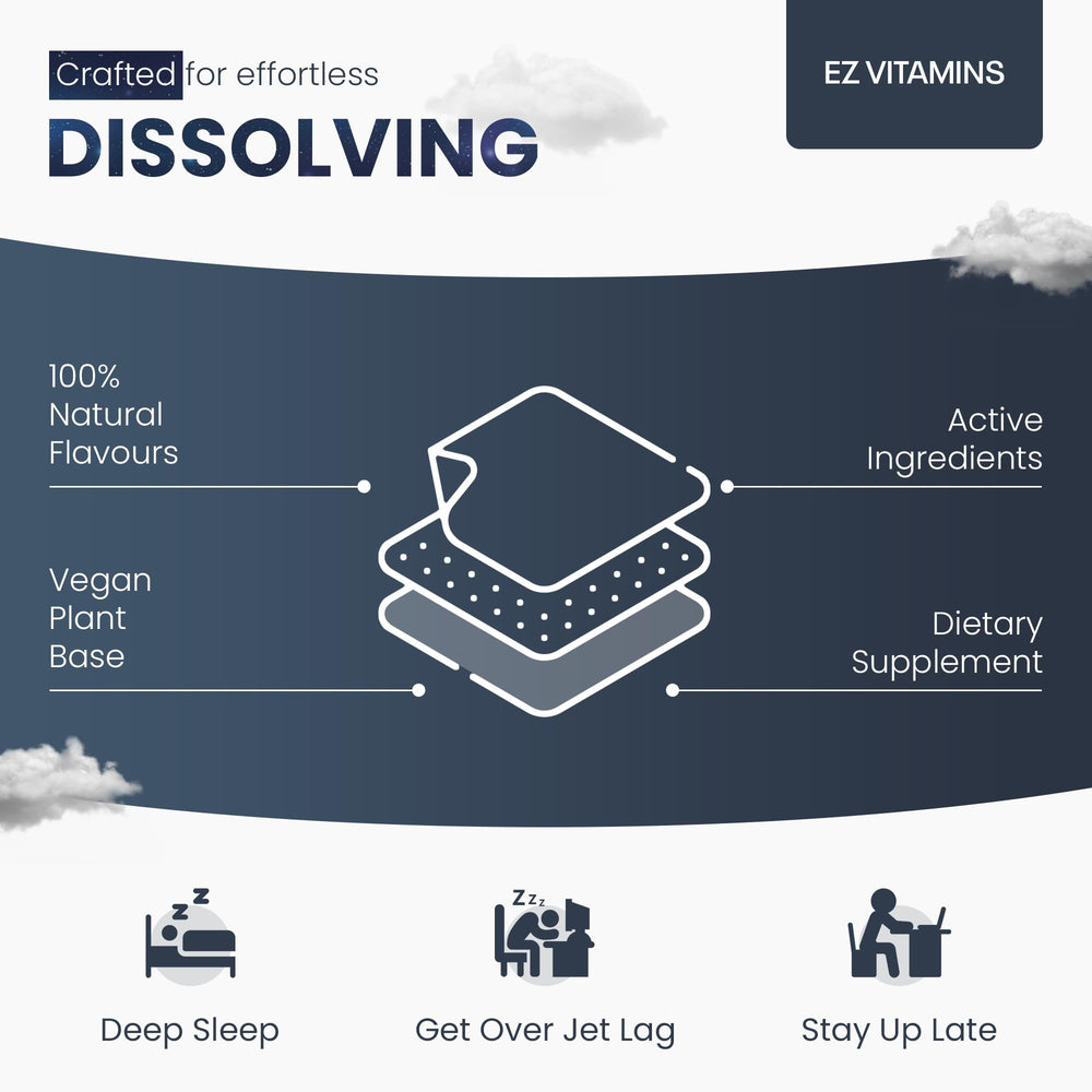 EZ VITAMINS mint-flavored strip close-up dissolving for quick sleep support.
