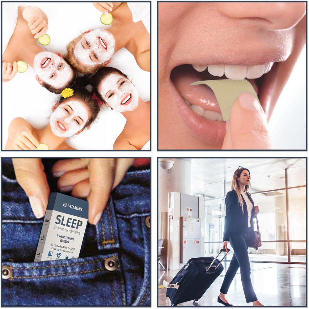 EZ VITAMINS night routine with a dissolving sleep strip before bed.
