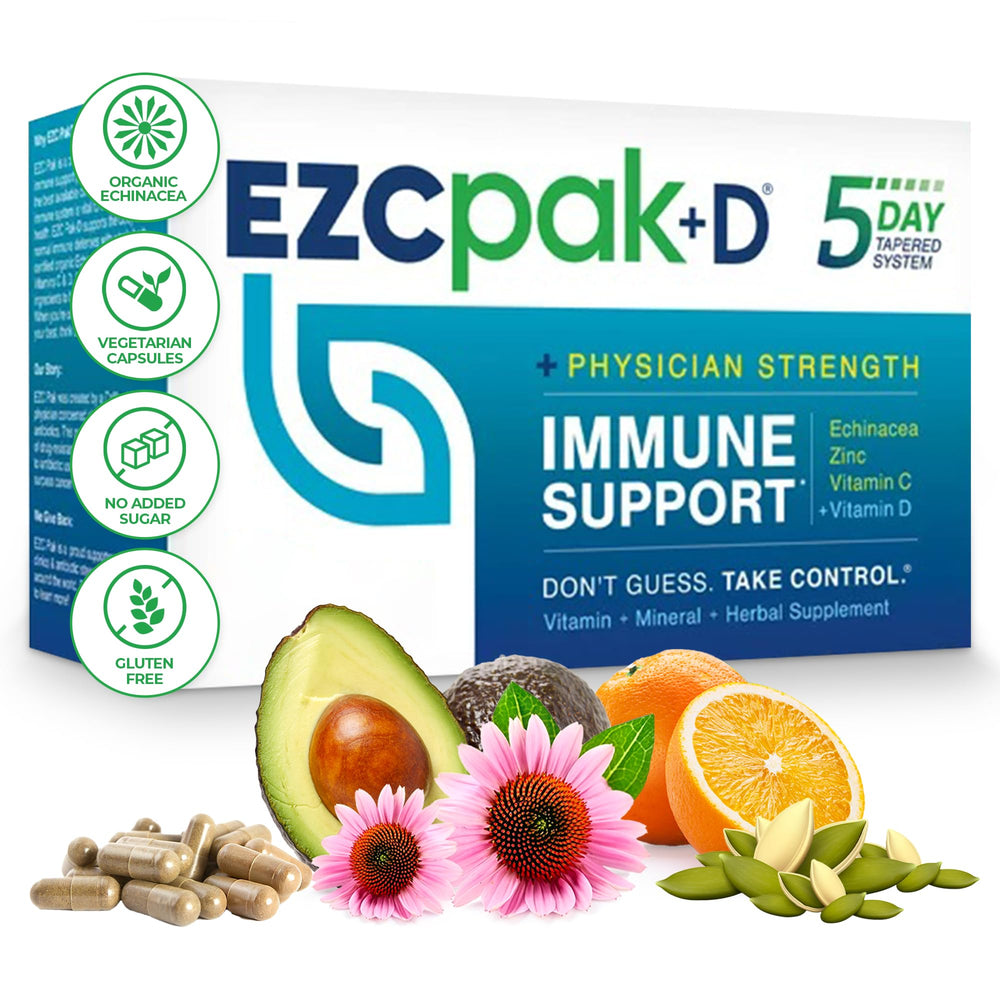 EZC Pak bottle front view, showcasing sleek packaging for on-the-go immune support.