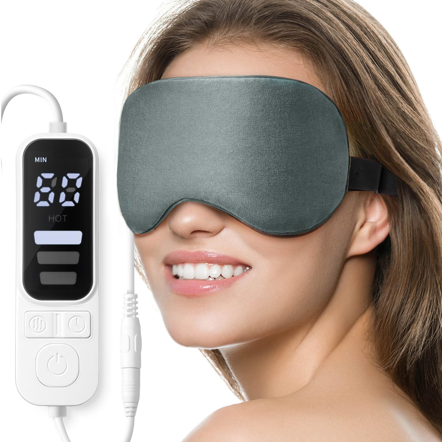 Ezona heated eye mask front view showing sleek design for eye comfort