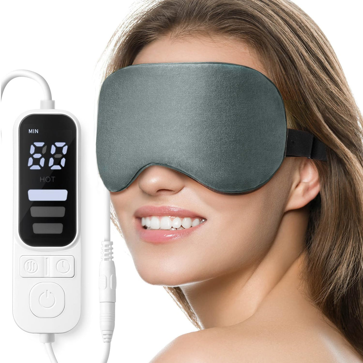 Ezona heated eye mask front view showing sleek design for eye comfort