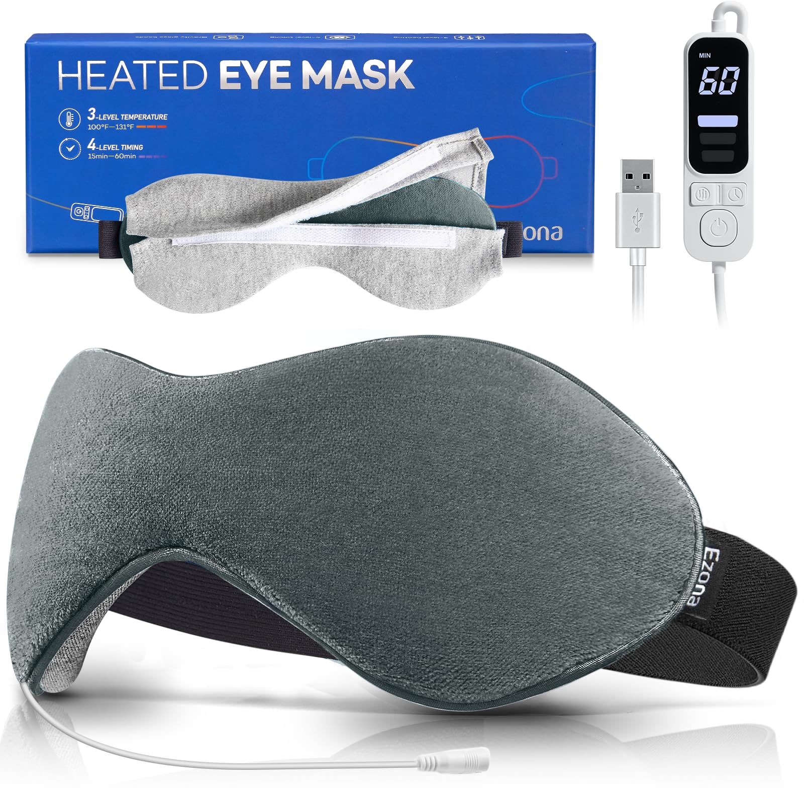 Ezona heated eye mask outer view in gray for soothing comfort