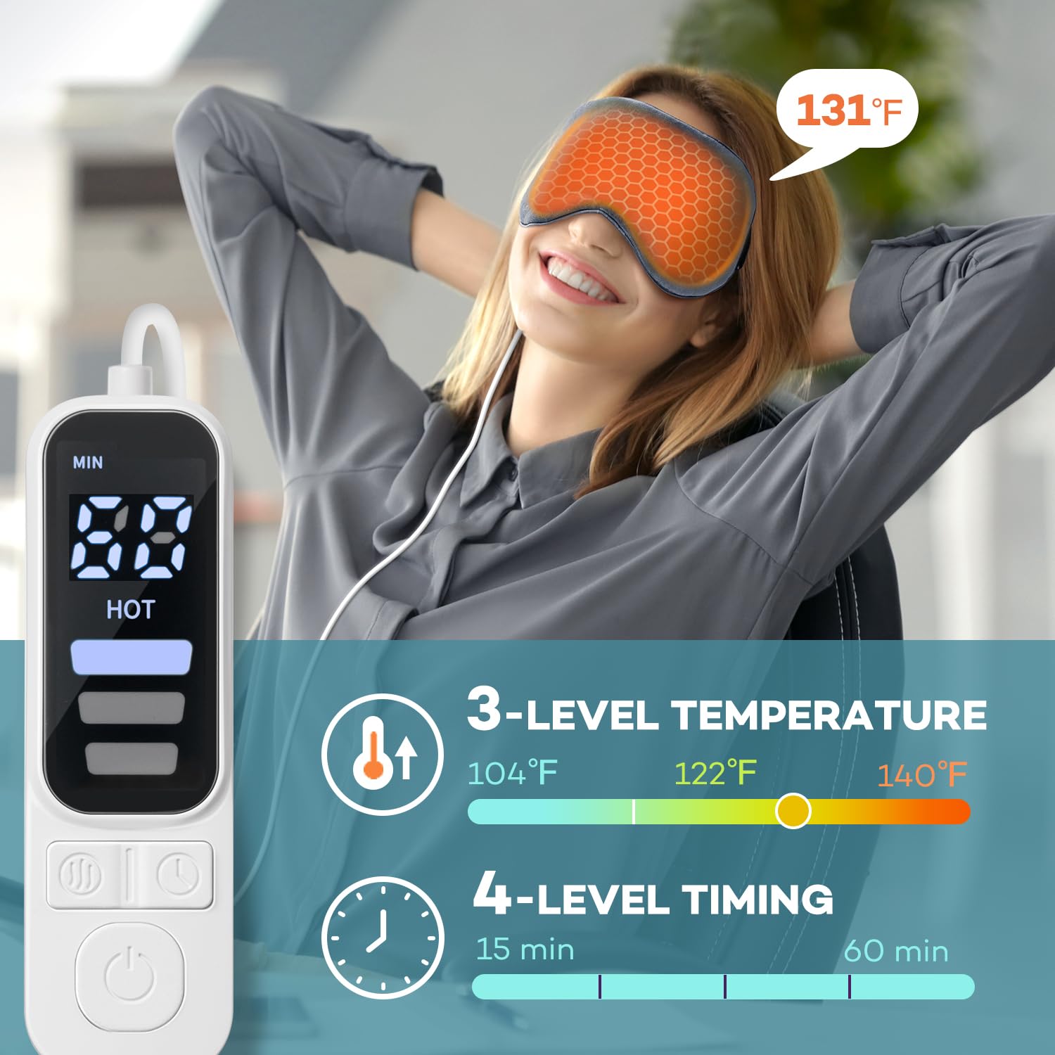 Ezona eye mask controls for customizable temperature and timer
