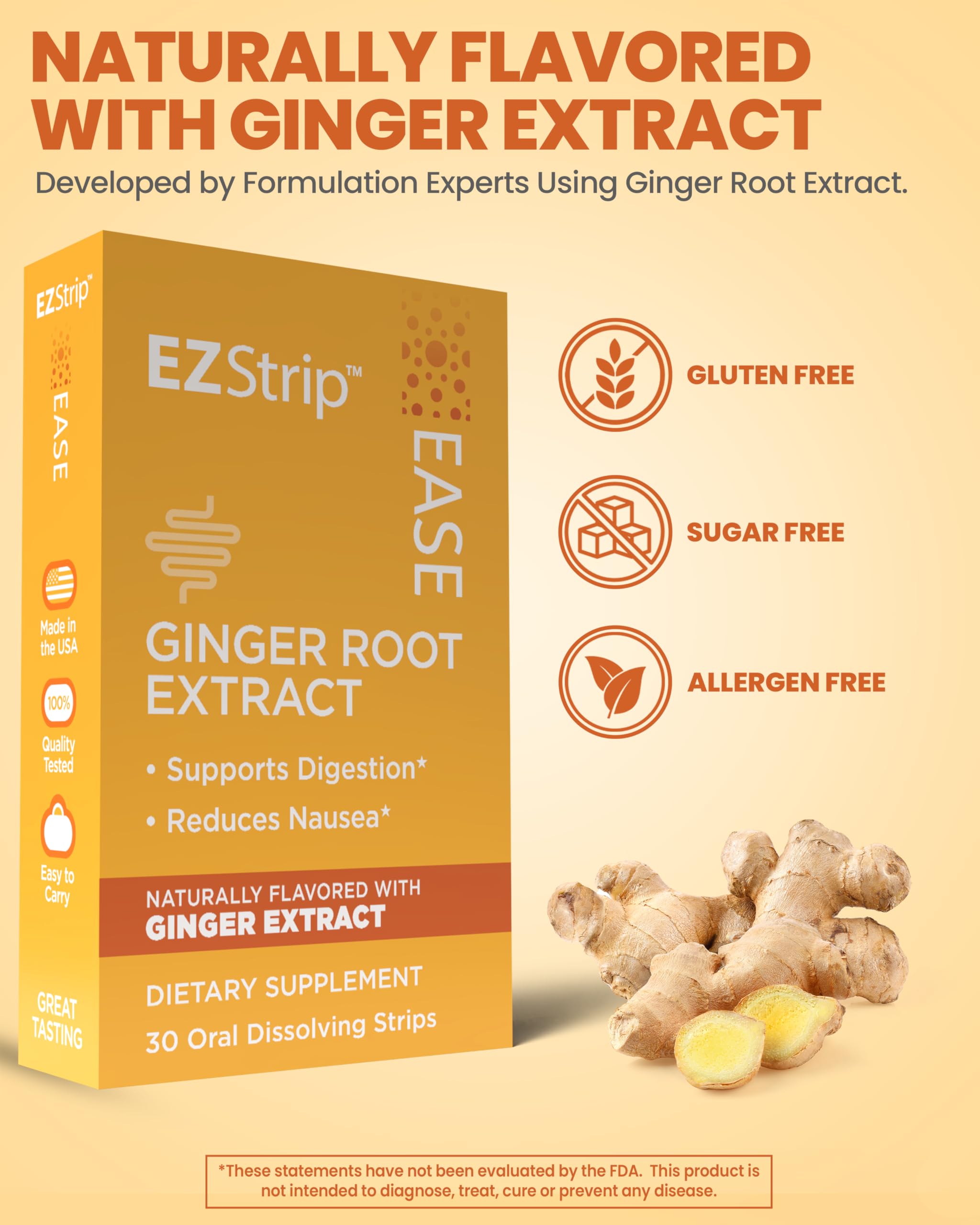 EZStrip Ease ginger strip dissolving on the tongue for quick relief