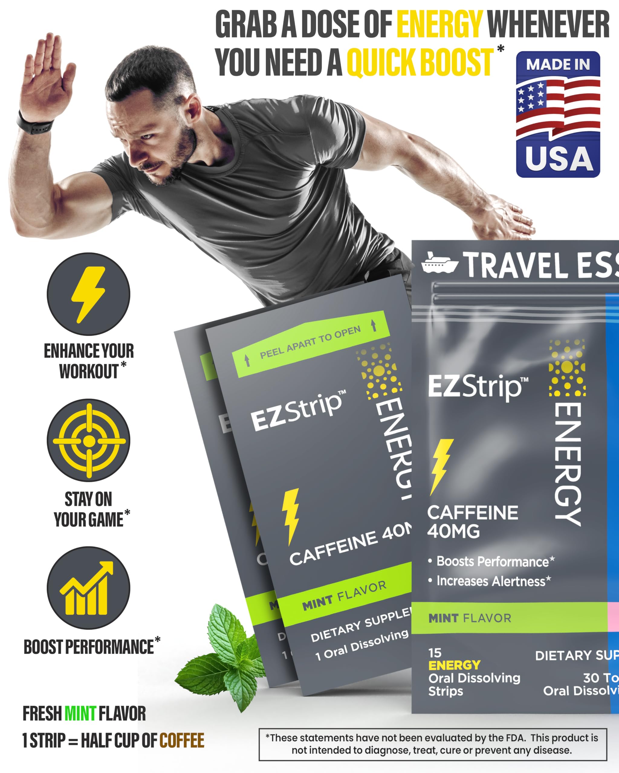 EZStrip energy strip placed on tongue for quick caffeine boost during travel