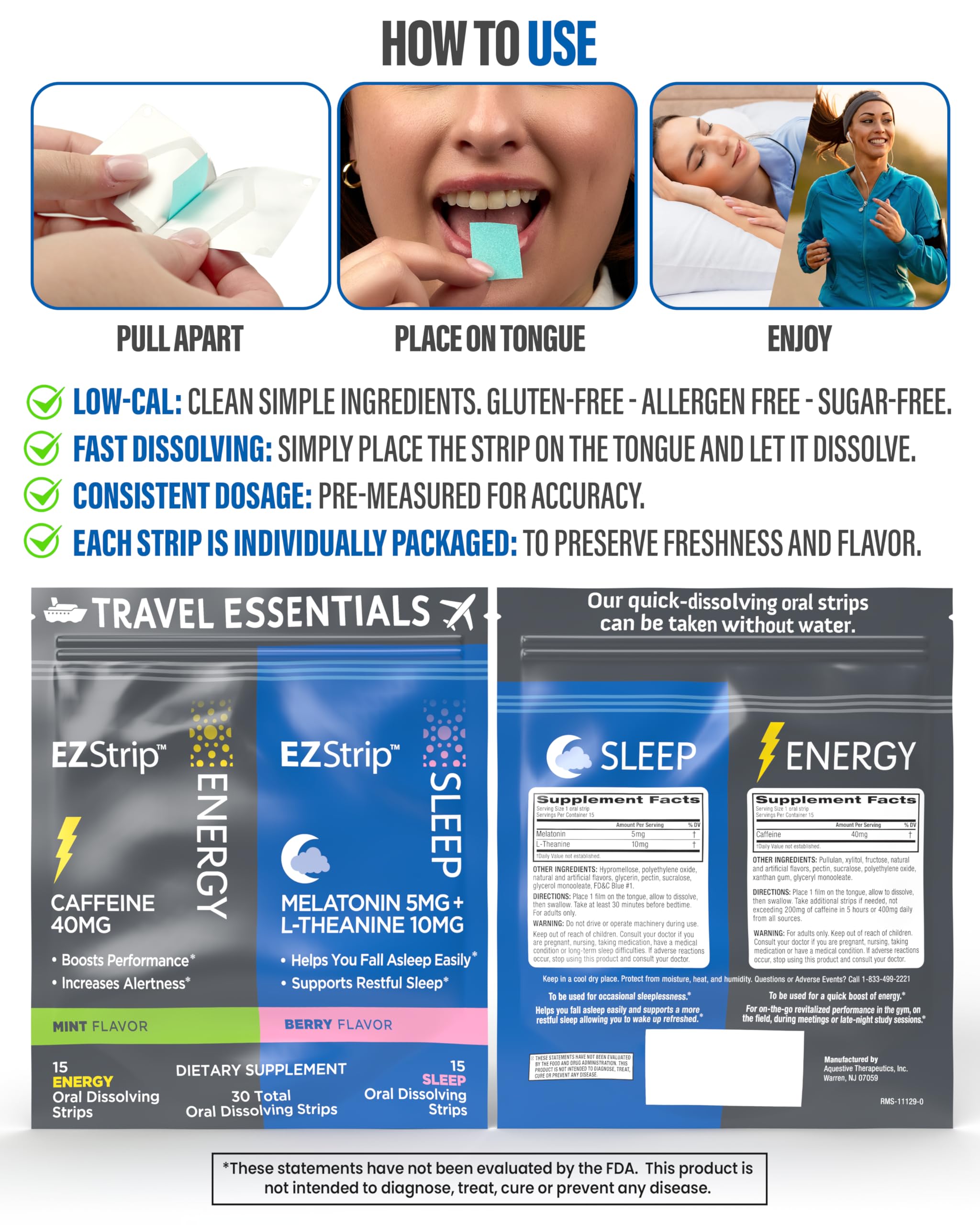 EZStrip packaging close-up highlighting gluten-free, sugar-free, non-GMO features