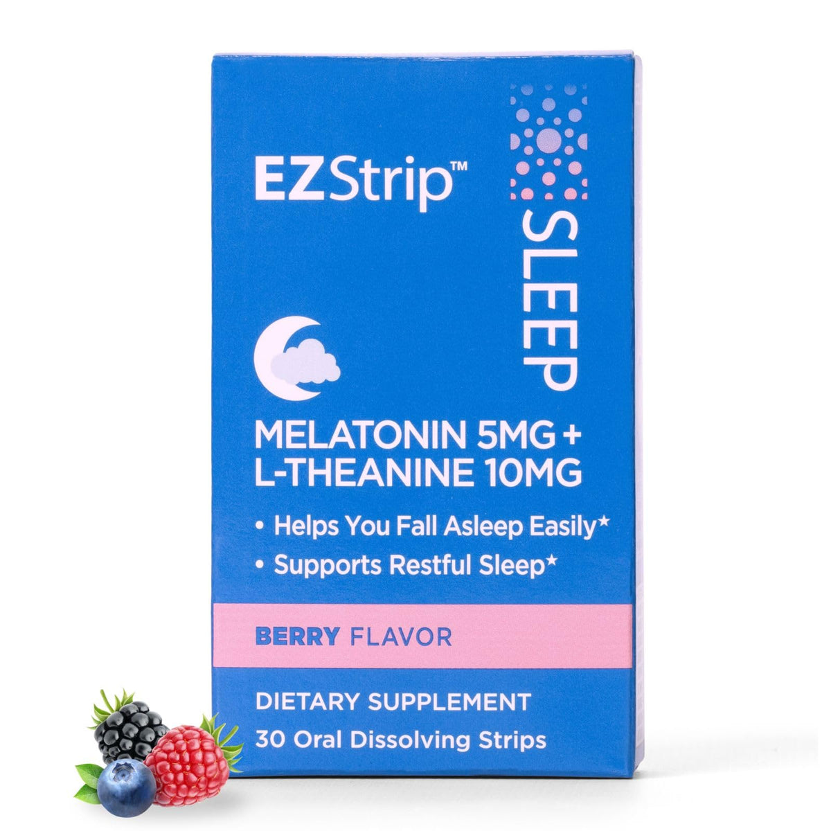 EZStrip Sleep Aid berry strip on tongue delivering melatonin for faster relaxation