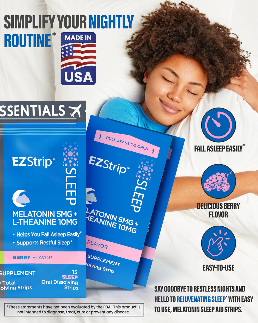 EZStrip sleep strip placed on tongue for relaxation and rest during trips