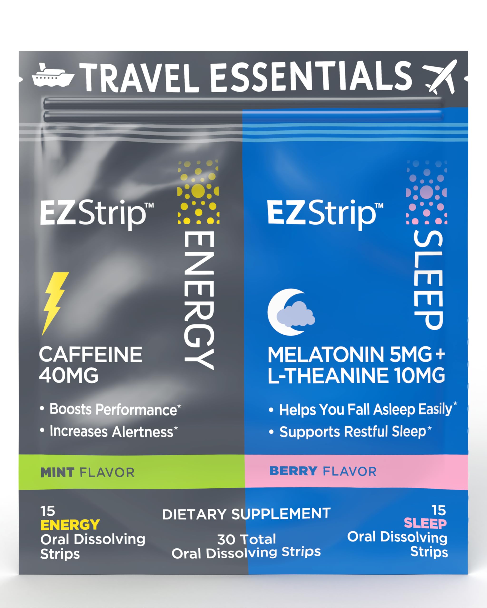 EZStrip travel pack with energy and sleep strips for on-the-go use and convenience