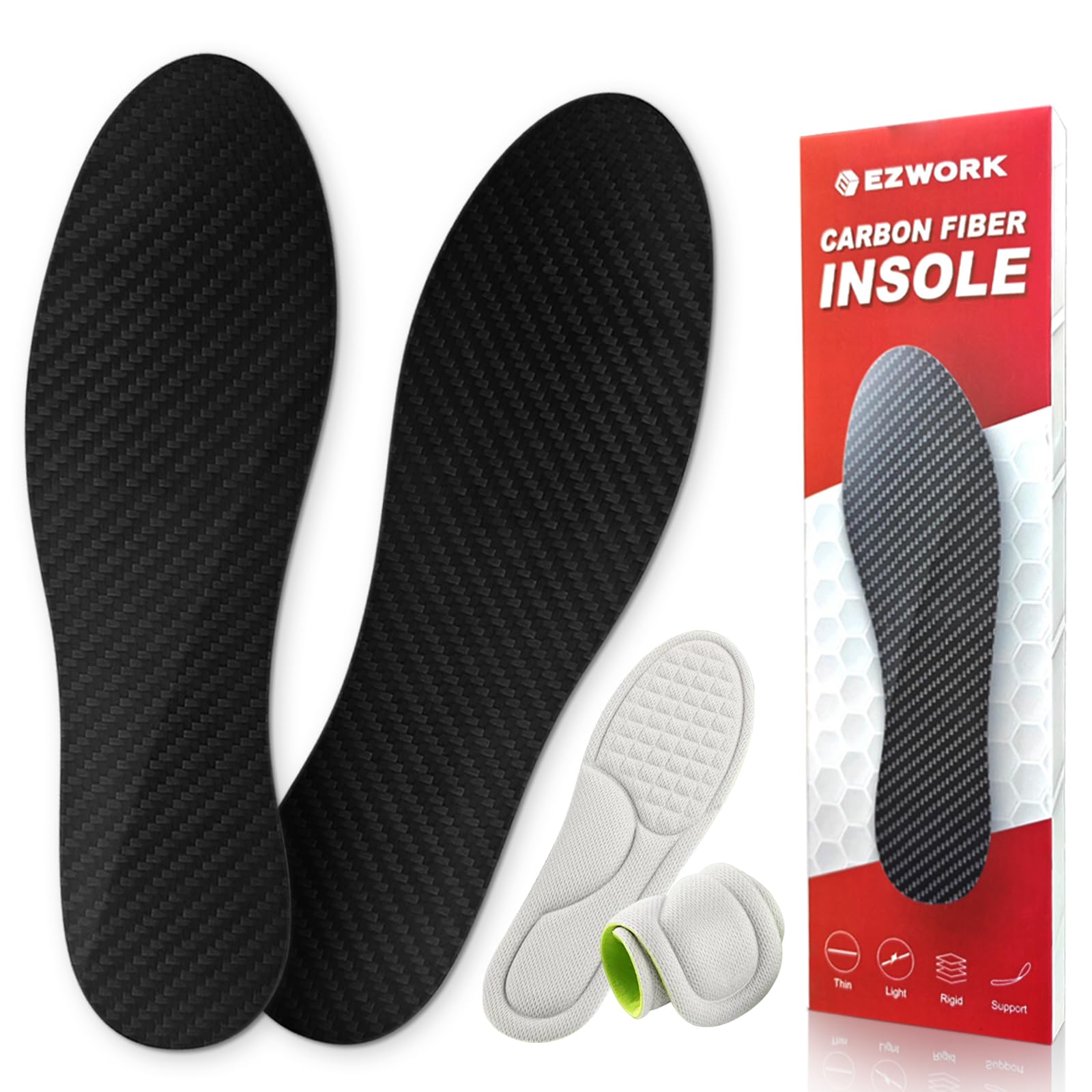 EZWORK carbon fiber insole front view showing daily foot support and rigidity