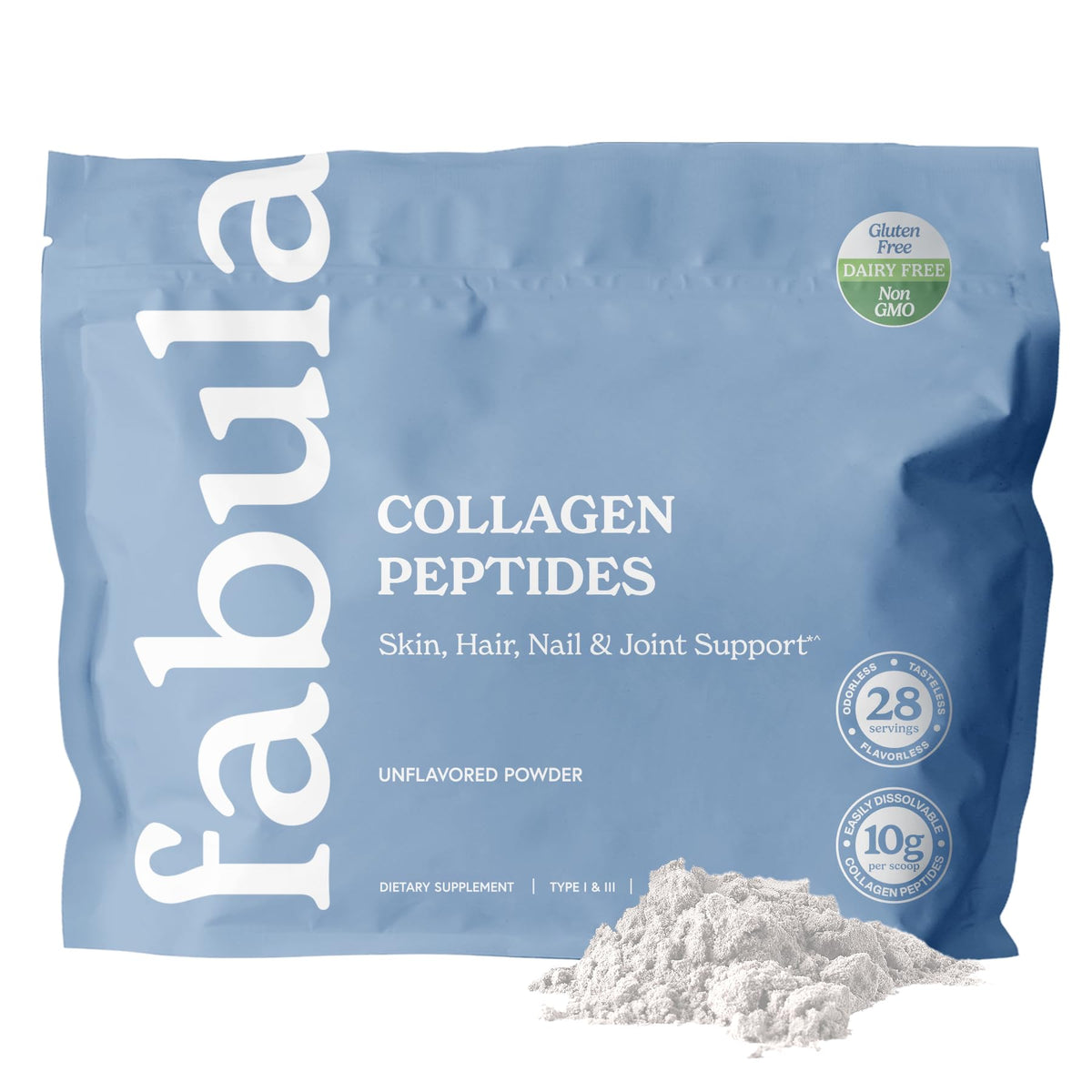 Fabula Collagen Peptides Powder bottle on a kitchen counter suggesting daily skin and joint support.