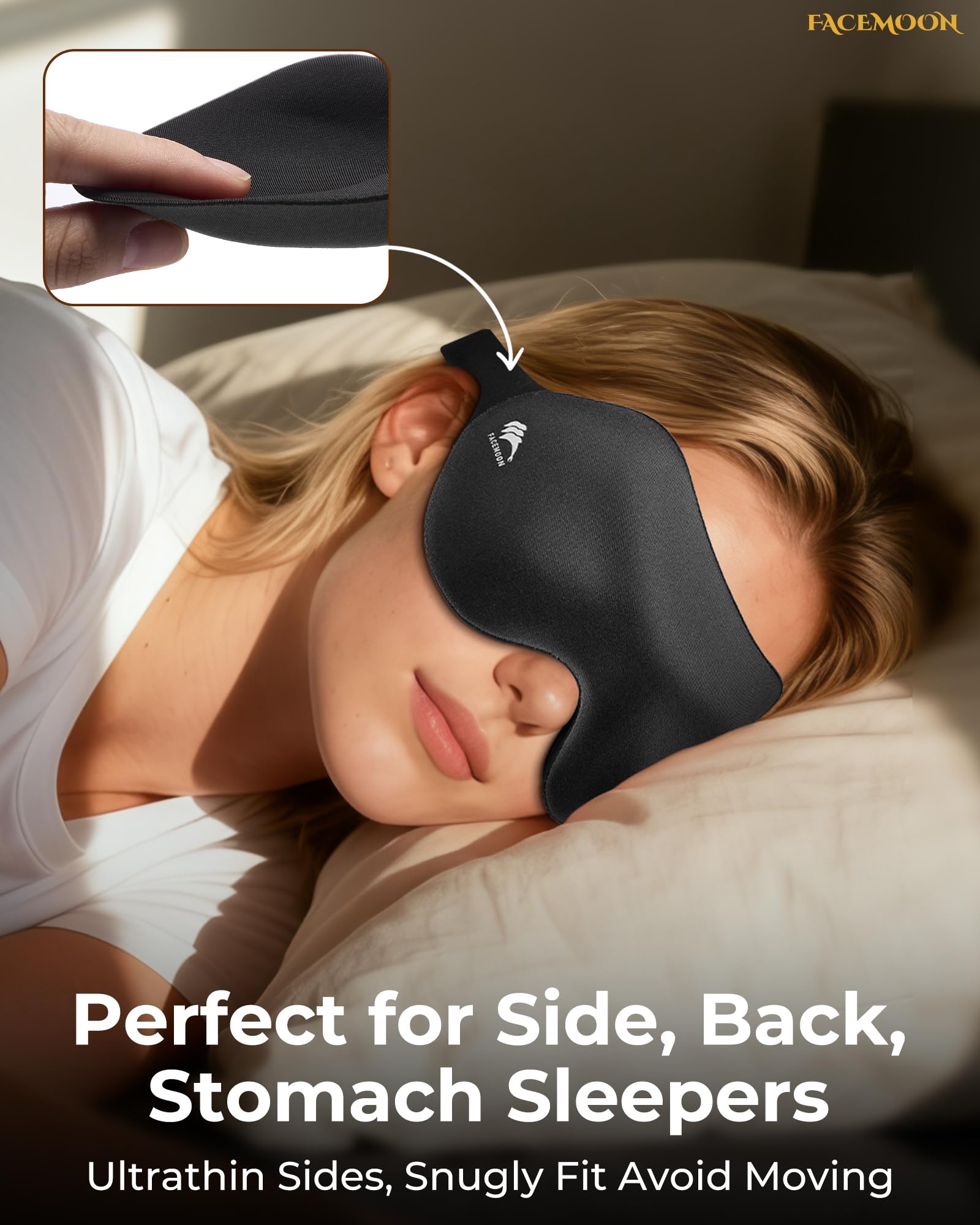 FACEMOON hollow nose bridge reduces pressure while maintaining complete light blockage.